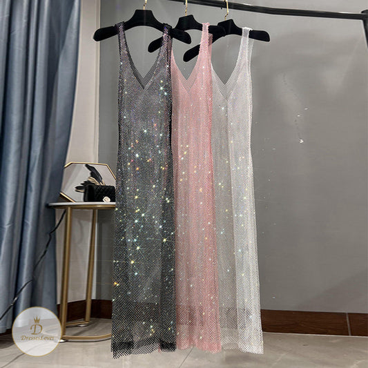 #C1013 Strass Party Sommerkleid Tiefem V-Ausschnitt Langes Kleid