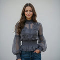 3D Floral Lantern Sleeve Sheer Blouse