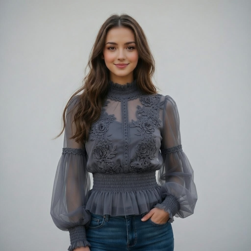 3D Floral Lantern Sleeve Sheer Blouse