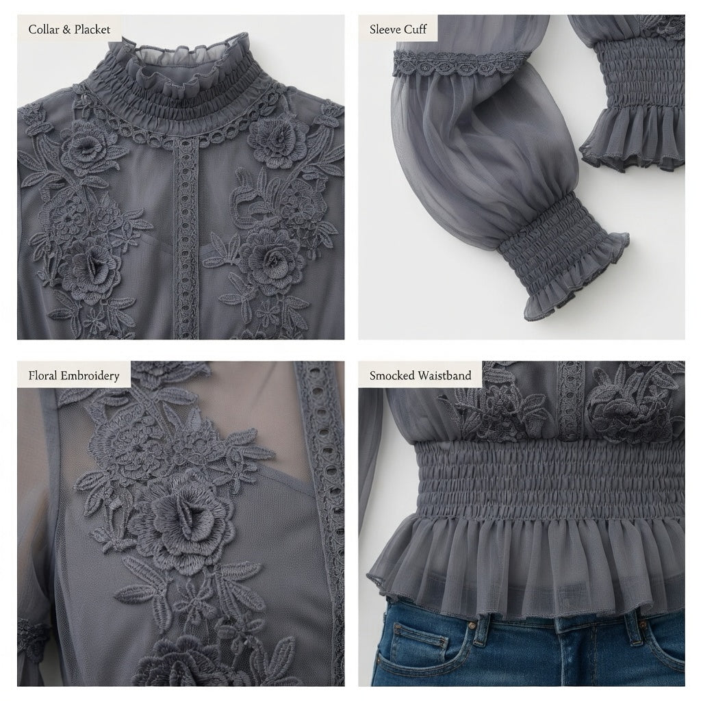 3D Floral Lantern Sleeve Sheer Blouse