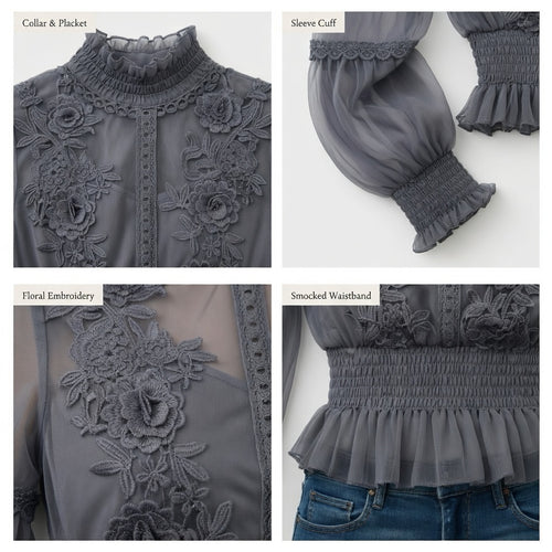 3D Floral Lantern Sleeve Sheer Blouse