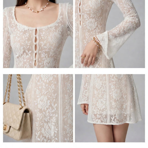 Bell Sleeve Hollow Lace Embroidery Dress
