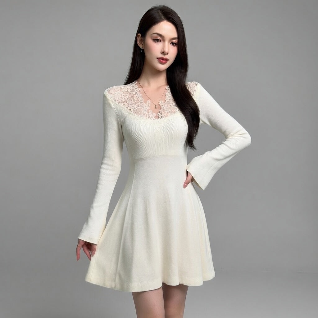 Water-Soluble Lace Spliced Knit Dress