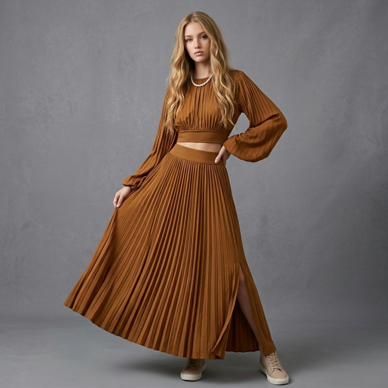 Lantern Sleeve Blouse High Waist Flowy Slit Skirt Two-Piece Set
