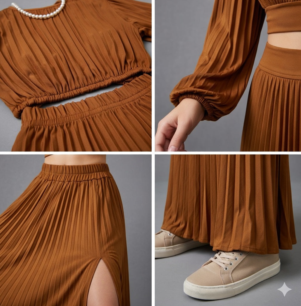 Lantern Sleeve Blouse High Waist Flowy Slit Skirt Two-Piece Set