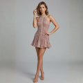 Heavy Rhinestone Pleated Halter Neck Dress