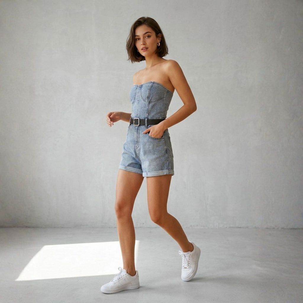 Rhinestone High Waist Strapless Jumpsuit