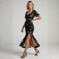 Velvet Flocked Floral Ruched Mermaid Dress
