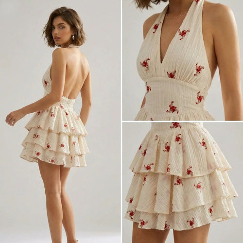Deep V Halter Floral Dress