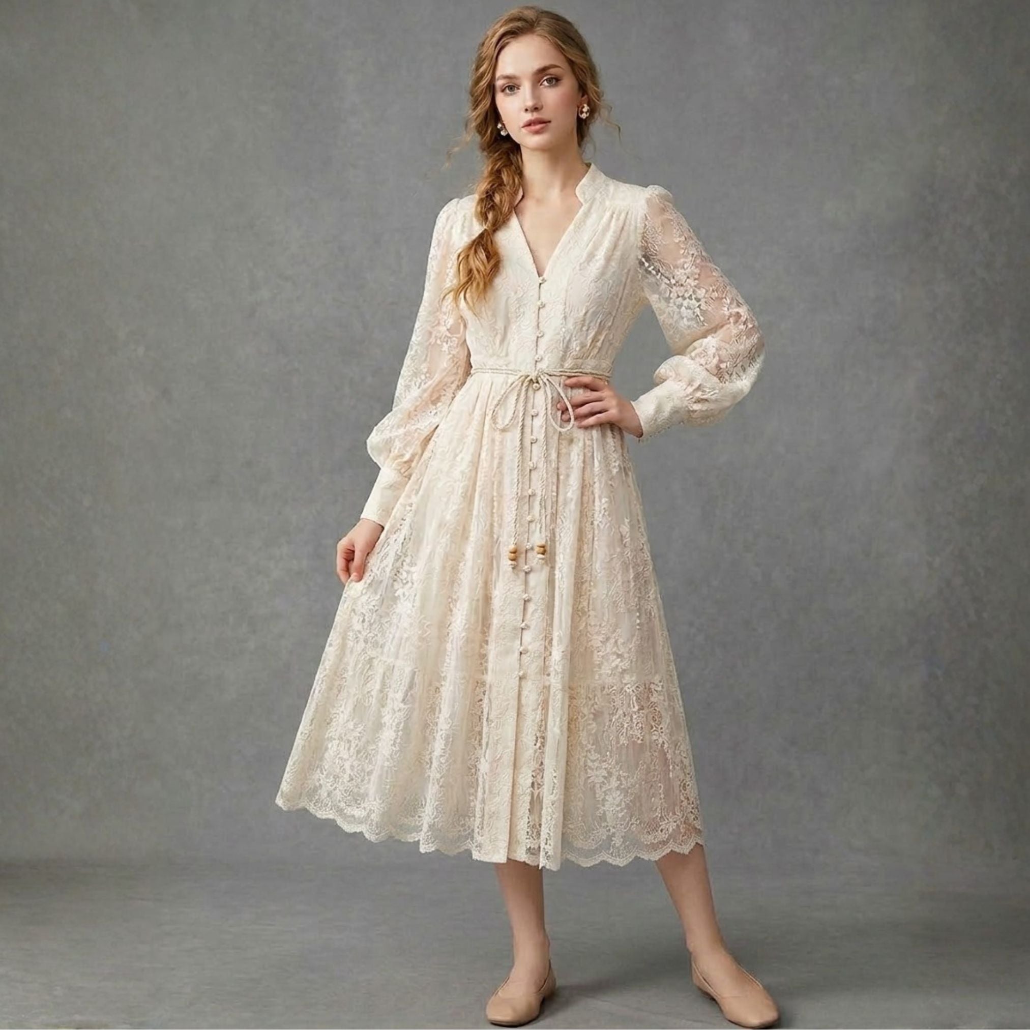 Embroidered V‑Neck Lantern Sleeve Single‑Button Maxi Dress