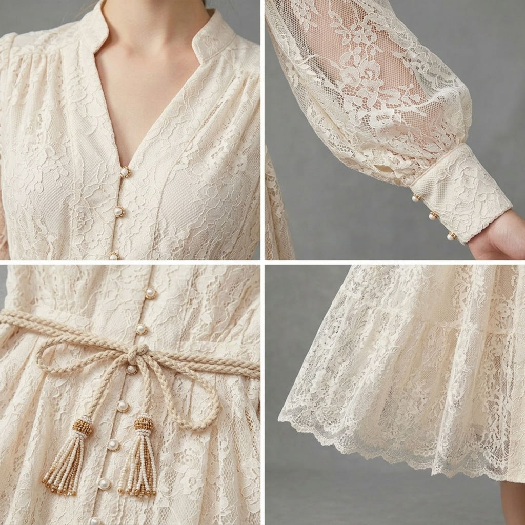 Embroidered V‑Neck Lantern Sleeve Single‑Button Maxi Dress