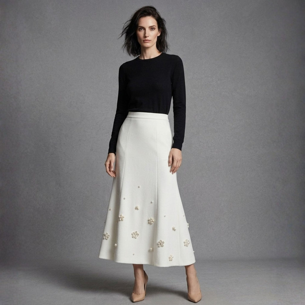 Pearl Flower-Embellished Mermaid Midi Skirt