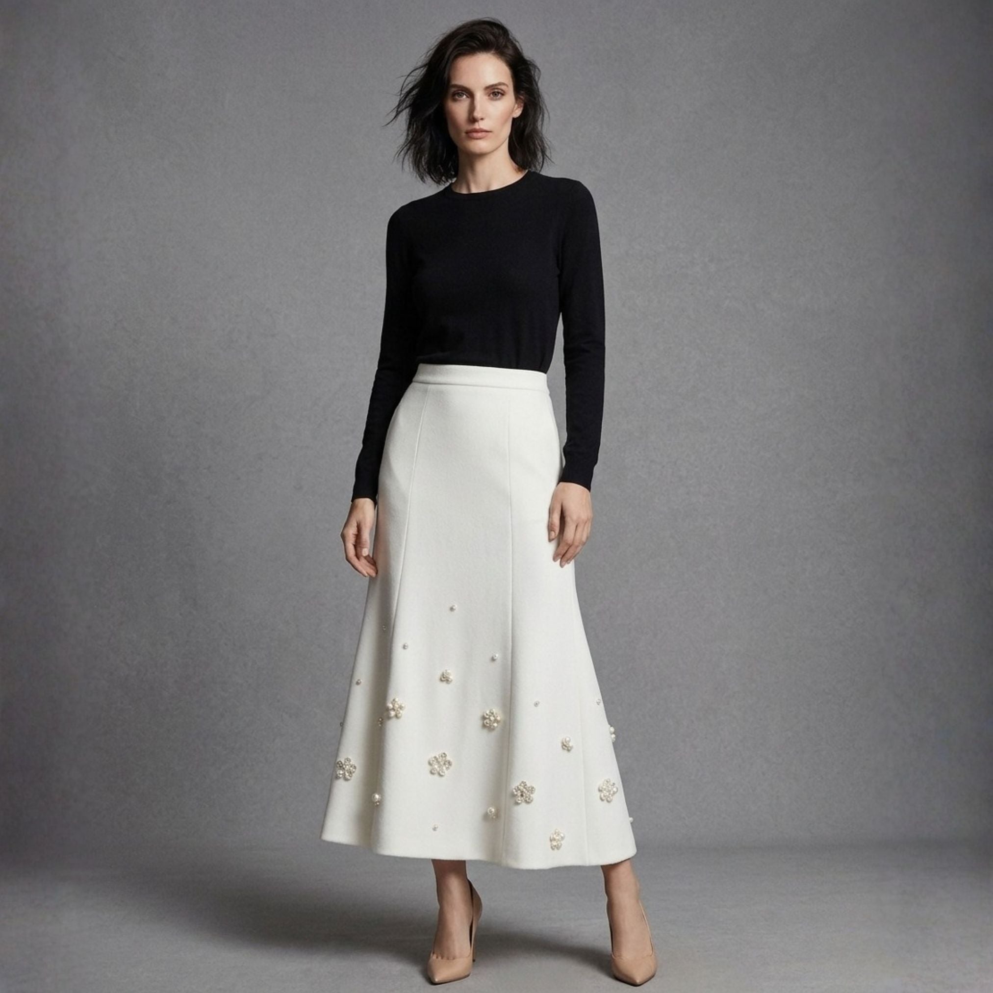 Pearl Flower-Embellished Mermaid Midi Skirt