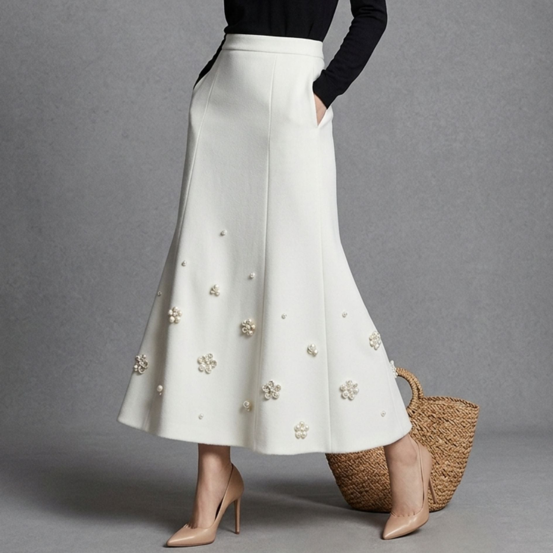 Pearl Flower-Embellished Mermaid Midi Skirt