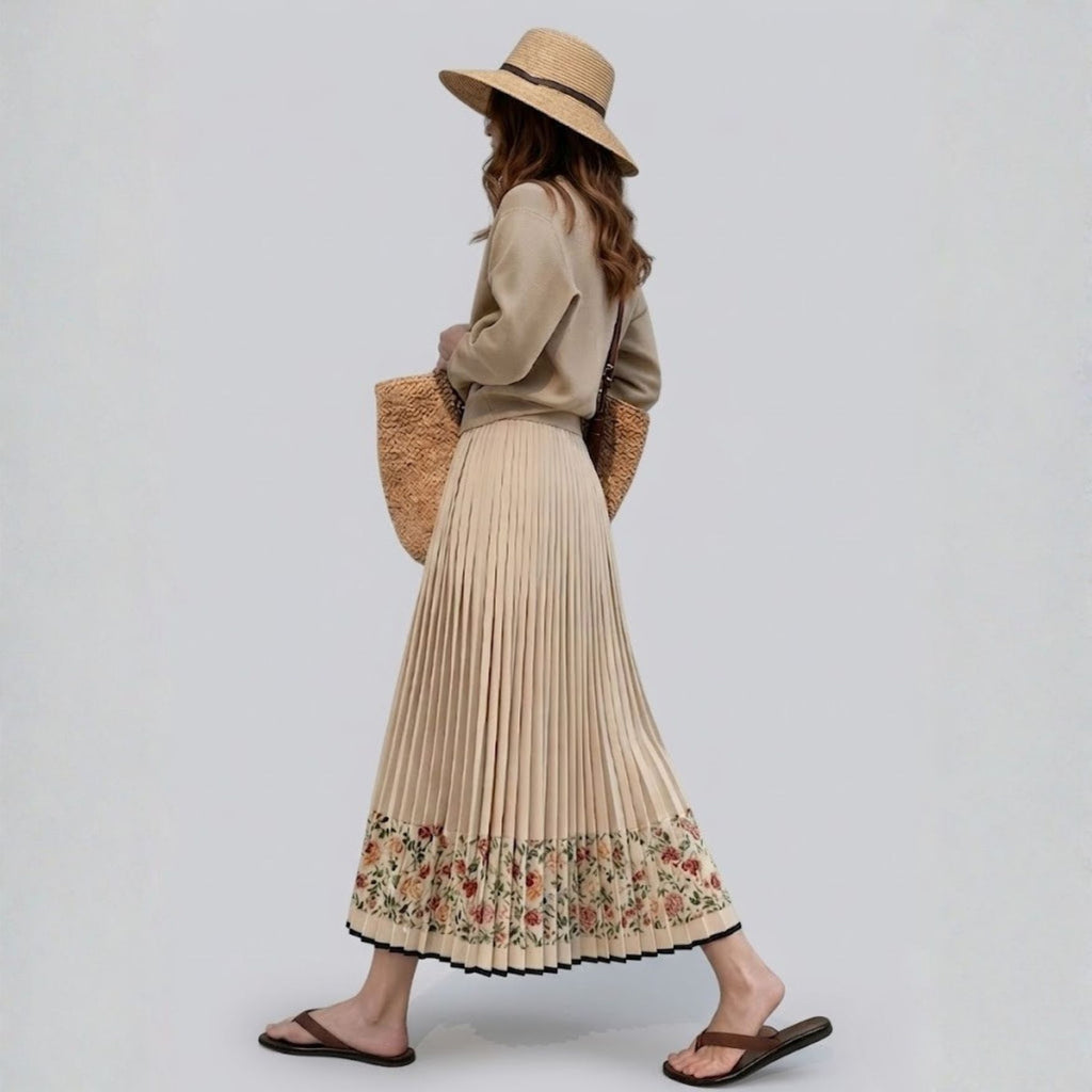 High-Waist Floral Patchwork Pleated Midi Skirt