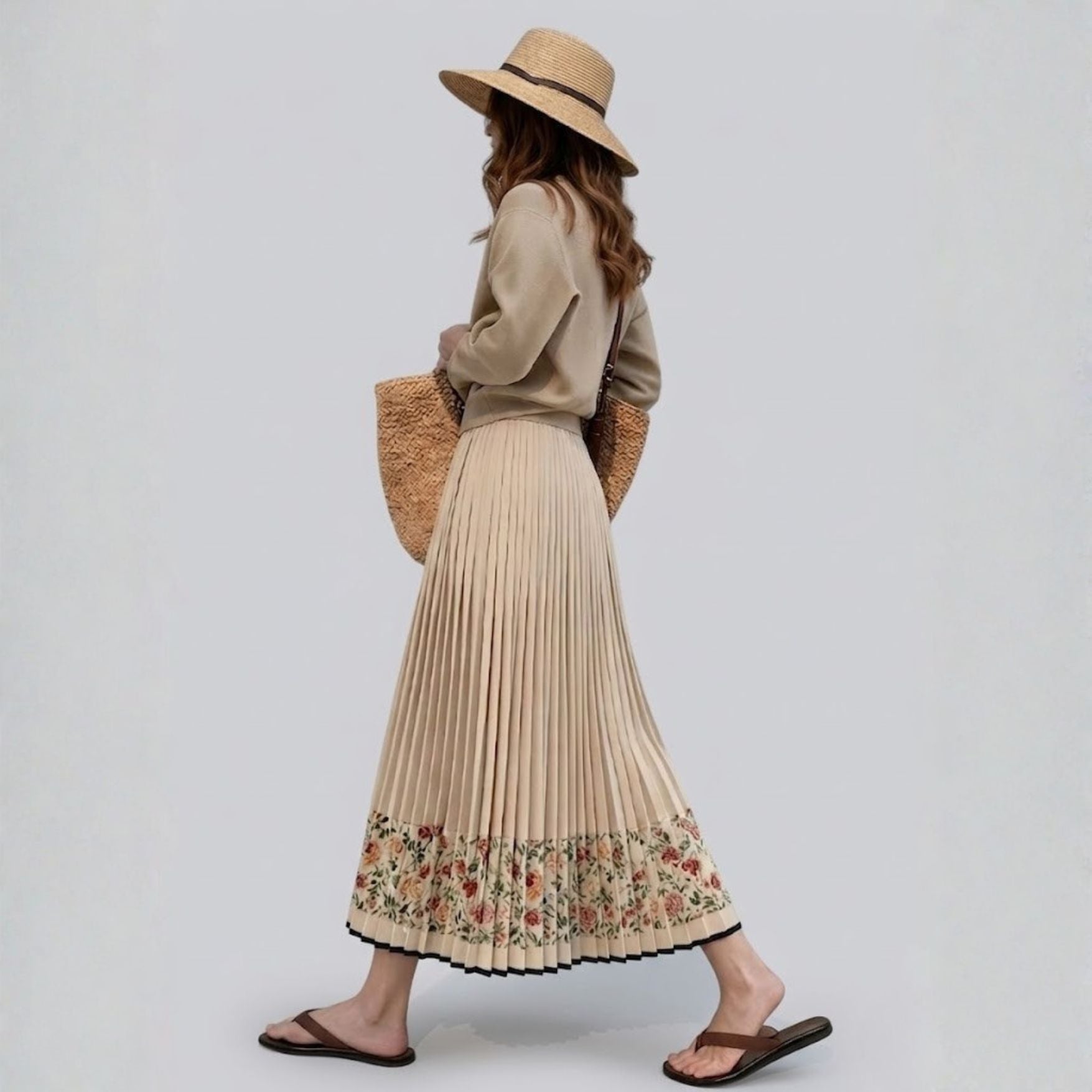 High-Waist Floral Patchwork Pleated Midi Skirt