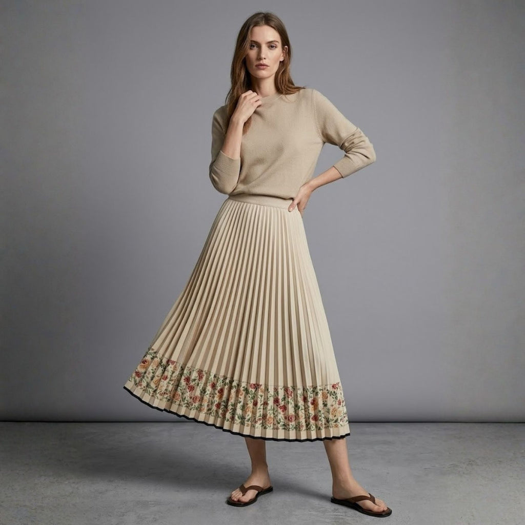 High-Waist Floral Patchwork Pleated Midi Skirt