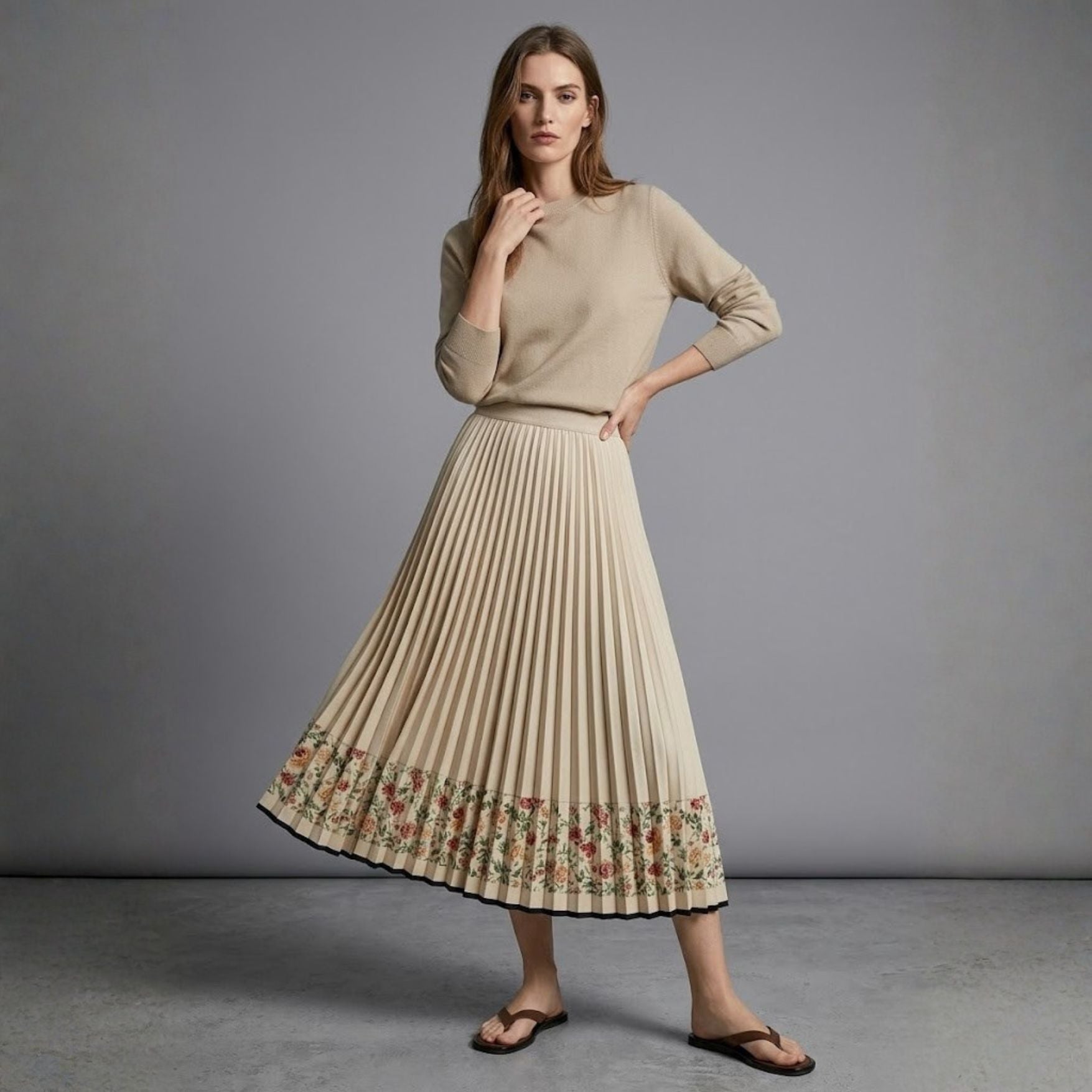 High-Waist Floral Patchwork Pleated Midi Skirt
