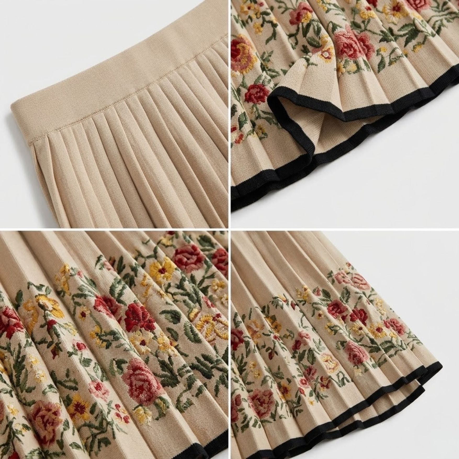 High-Waist Floral Patchwork Pleated Midi Skirt