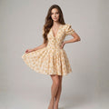 V‑Neck Puff‑Sleeve Cinched‑Waist Floral Dress