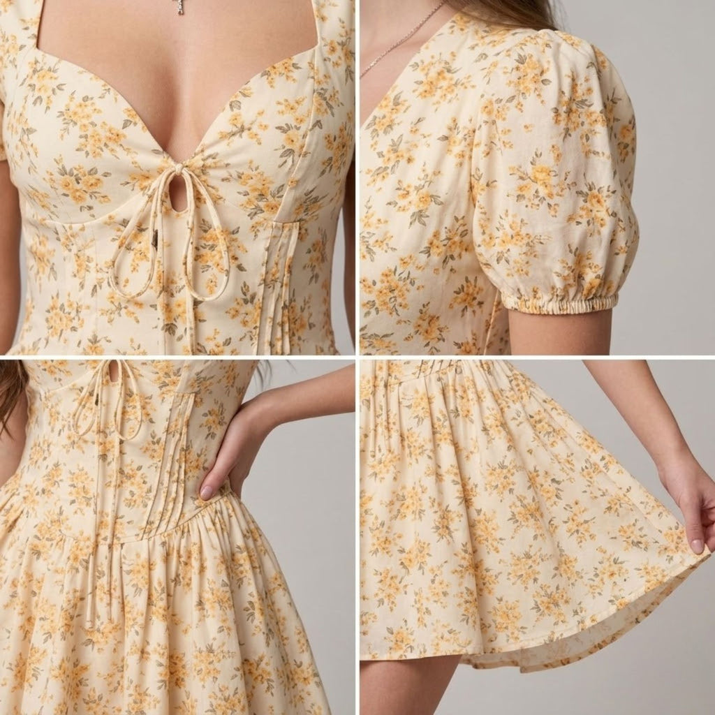 V‑Neck Puff‑Sleeve Cinched‑Waist Floral Dress