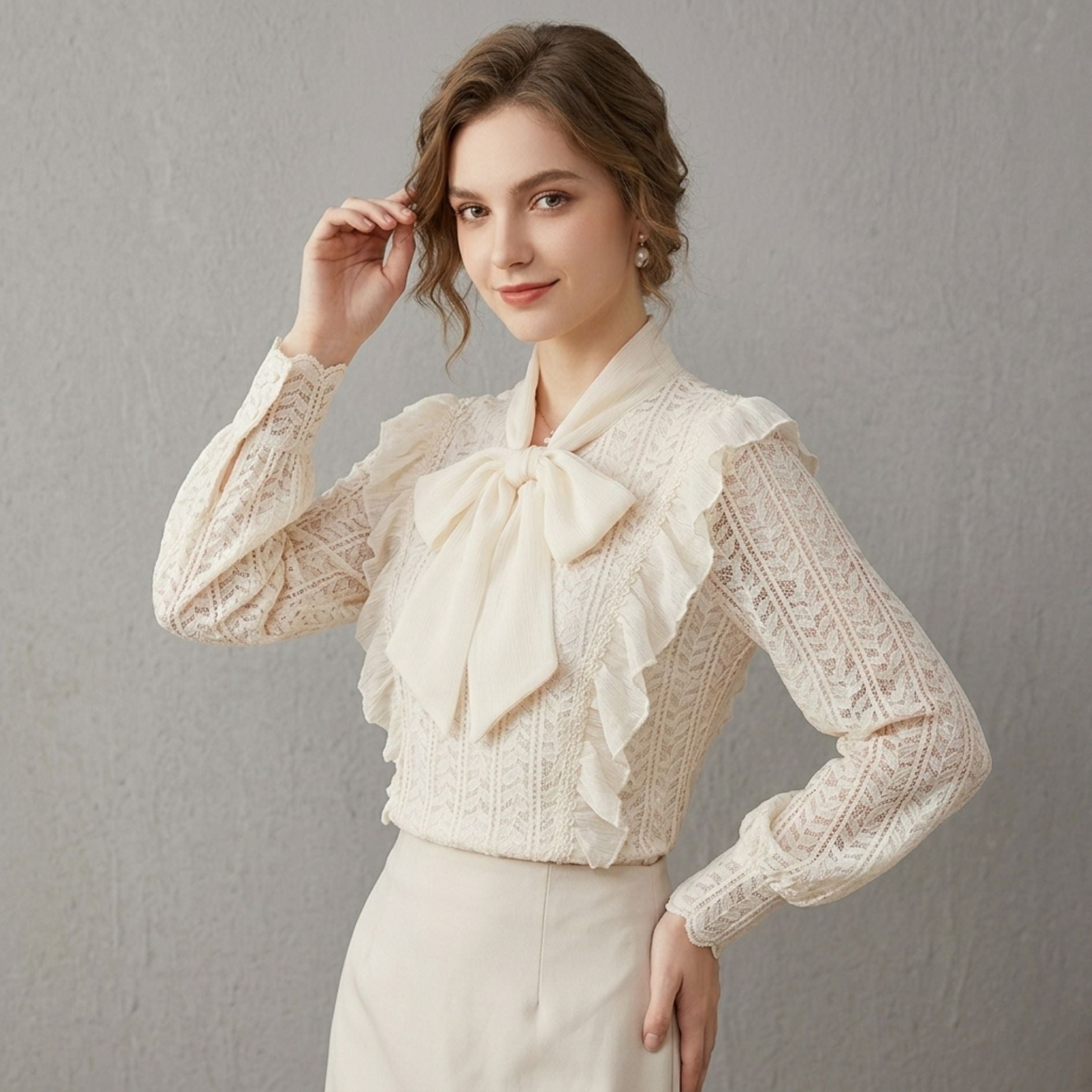 Bow Tie Long‑Sleeve Lace Blouse
