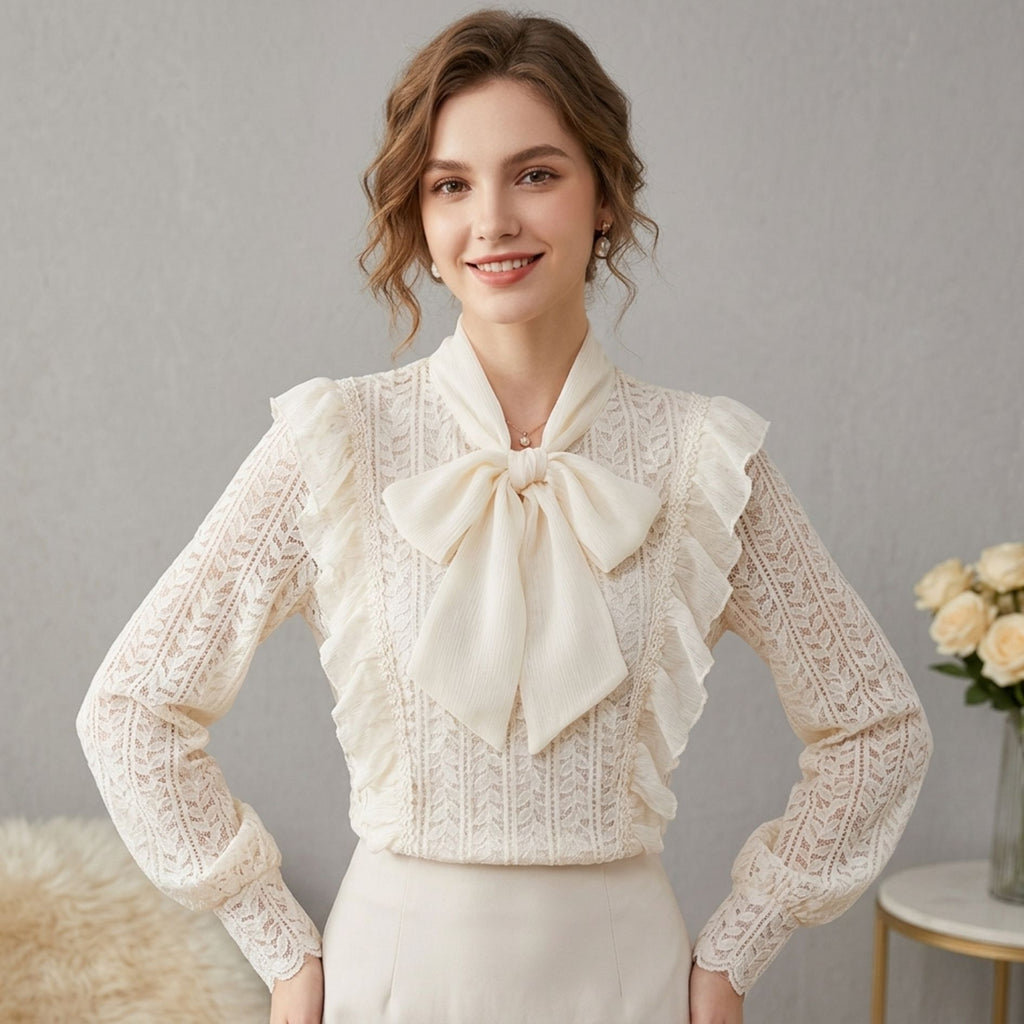 Bow Tie Long‑Sleeve Lace Blouse