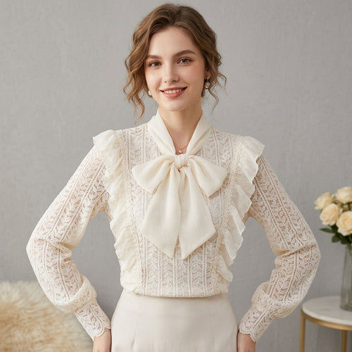 Bow Tie Long‑Sleeve Lace Blouse