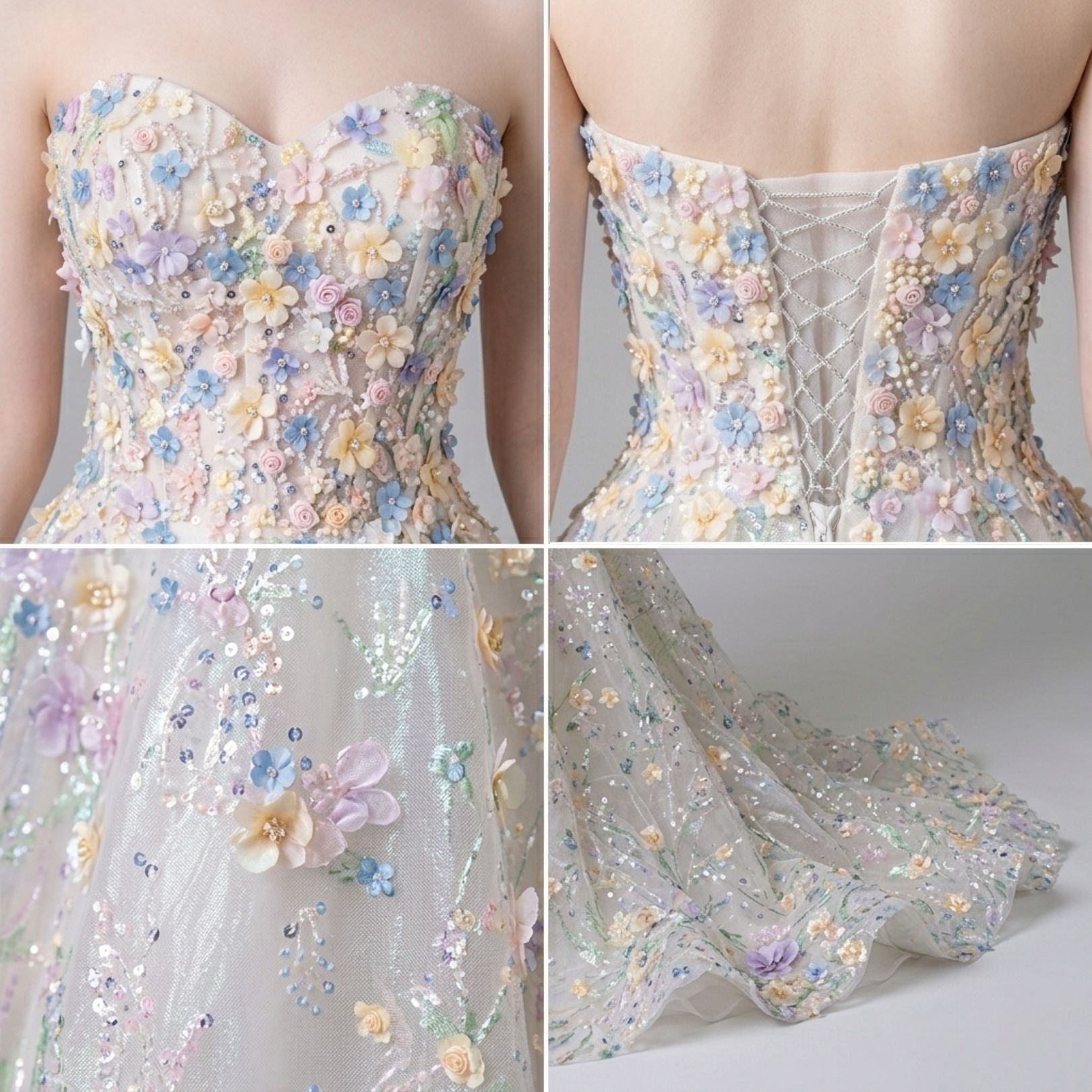 Strapless Floral Appliqué Evening Dress