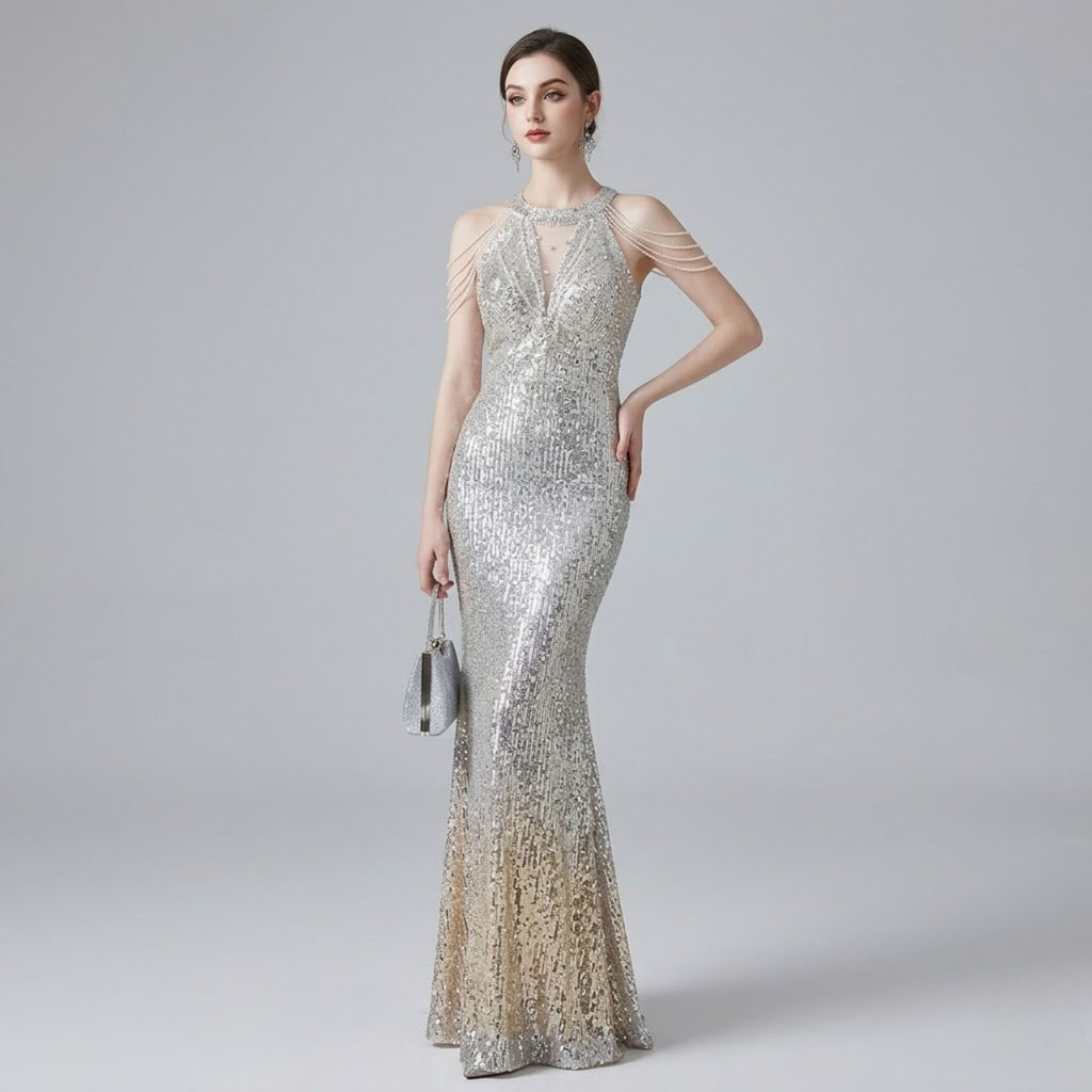 Heavy-Embellished Halter Mermaid Evening Dress