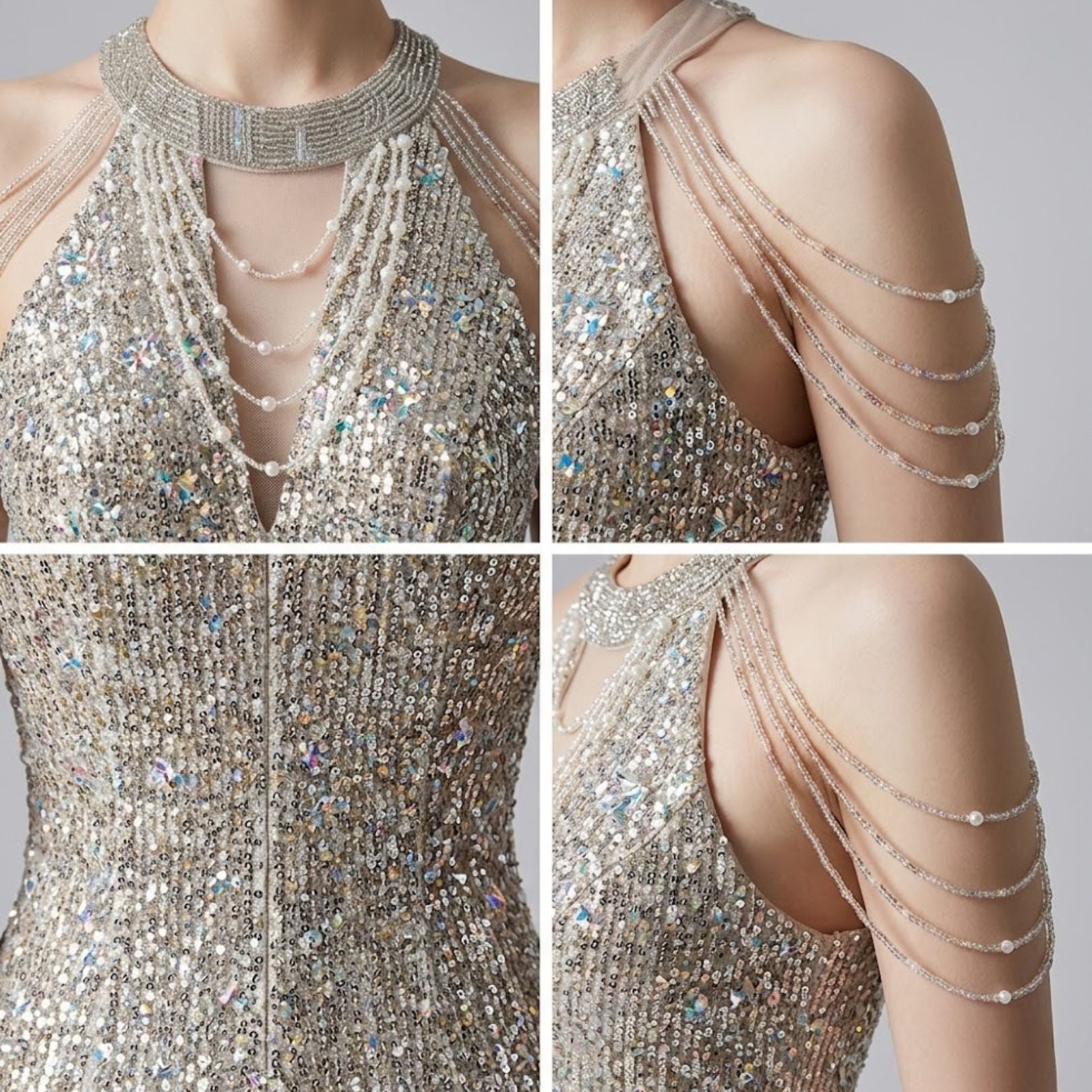 Heavy-Embellished Halter Mermaid Evening Dress