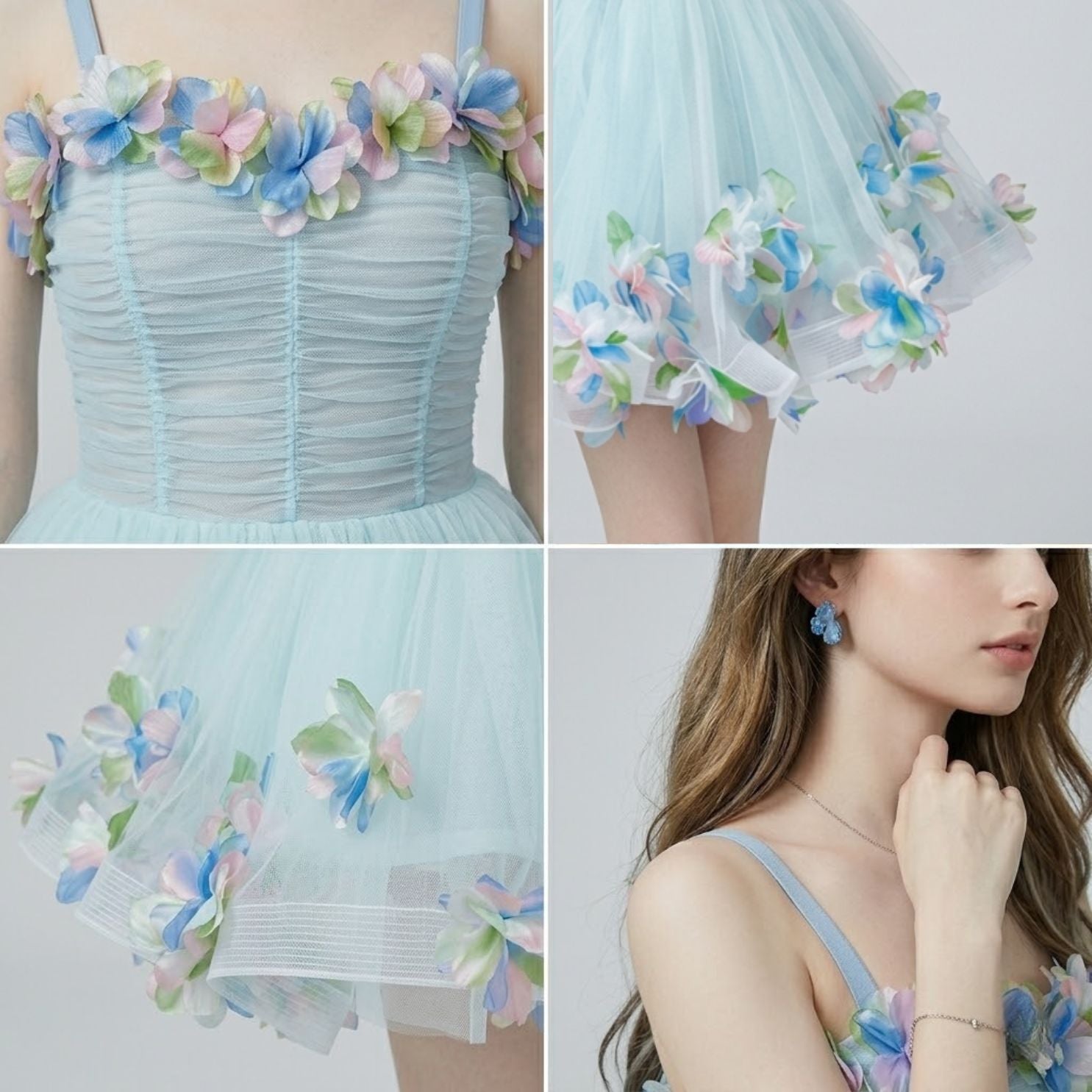 Strapless Floral Appliqué Puff Party Dress