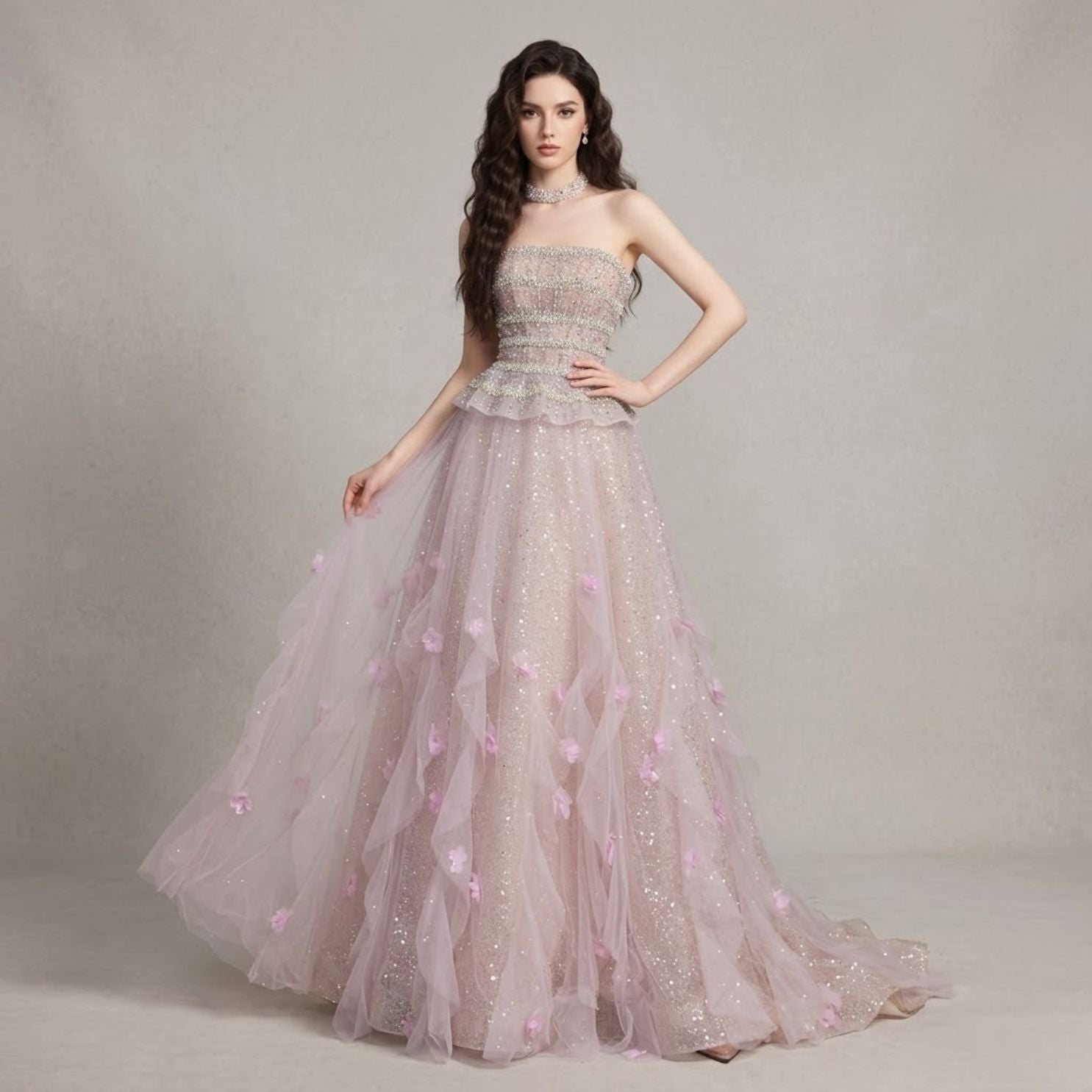 Strapless Beaded & Sequin Evening Dress