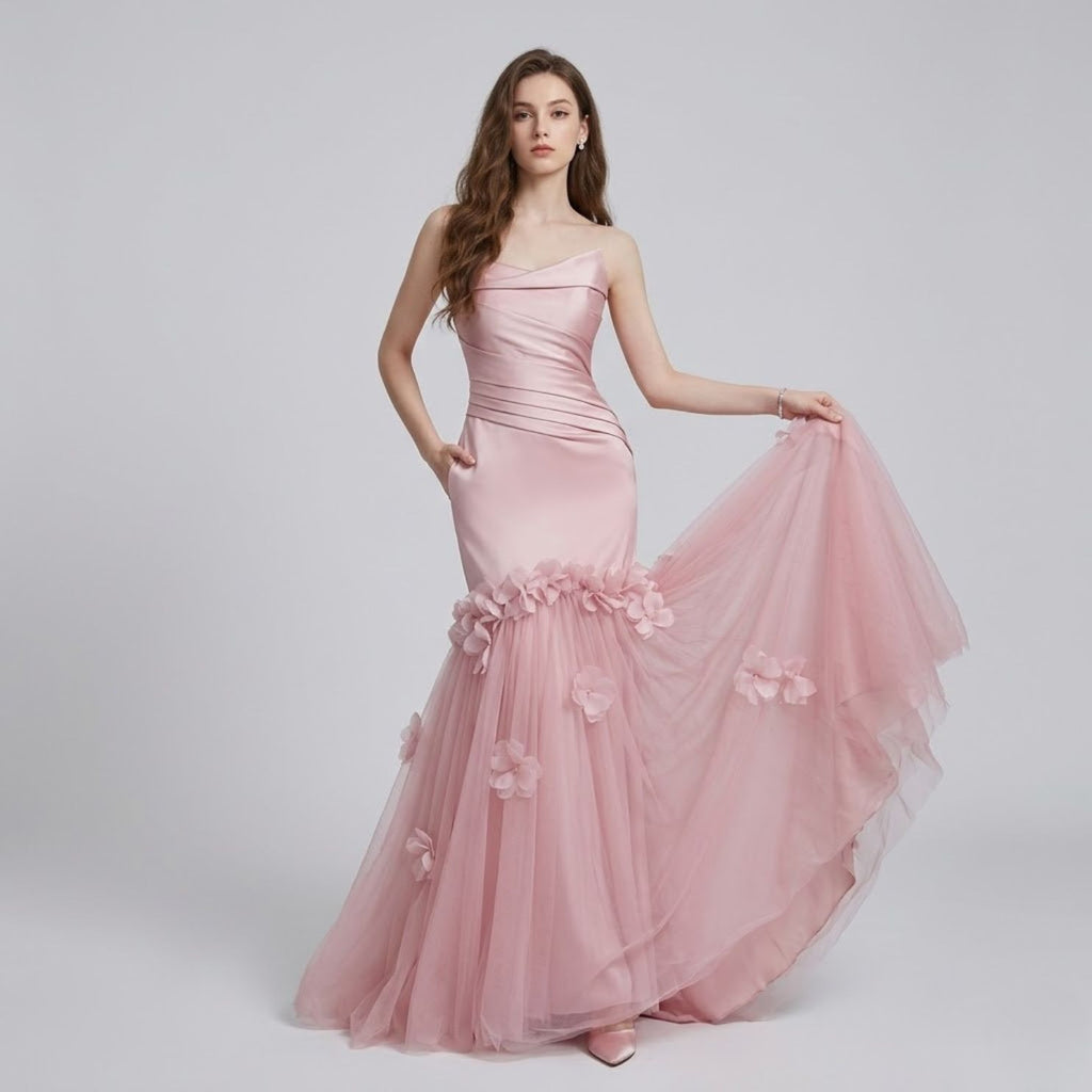 Bandeau Handcrafted-Flower Mermaid Evening Dress