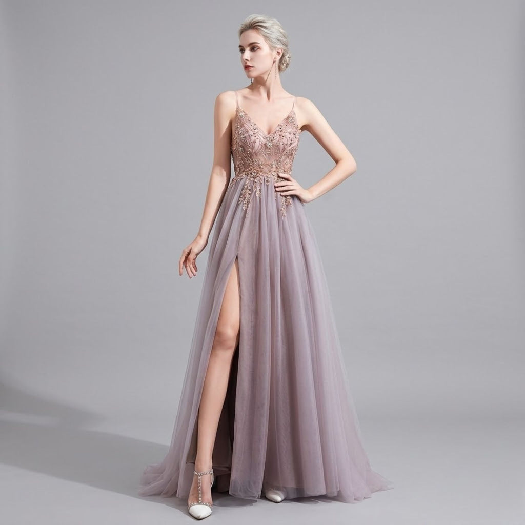 Sequin & Beaded Long Evening Dress