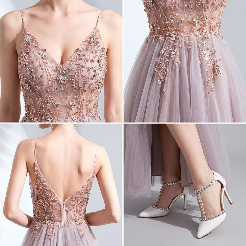 Sequin & Beaded Long Evening Dress