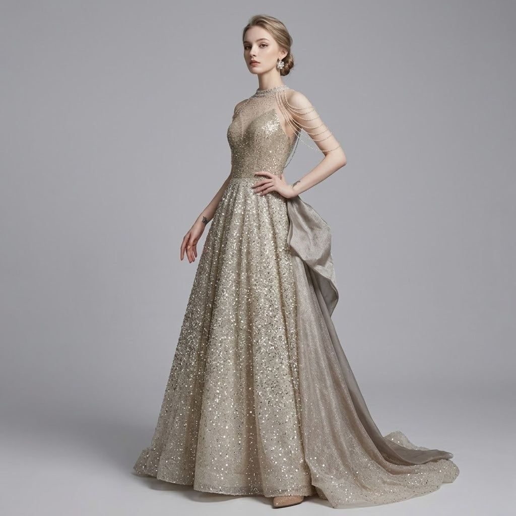 Halter Neck Beaded & Sequin Evening Dress
