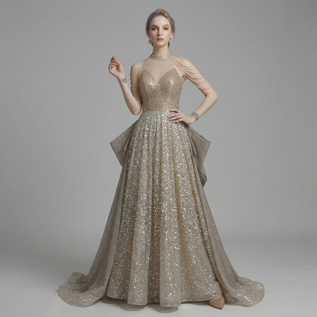 Halter Neck Beaded & Sequin Evening Dress