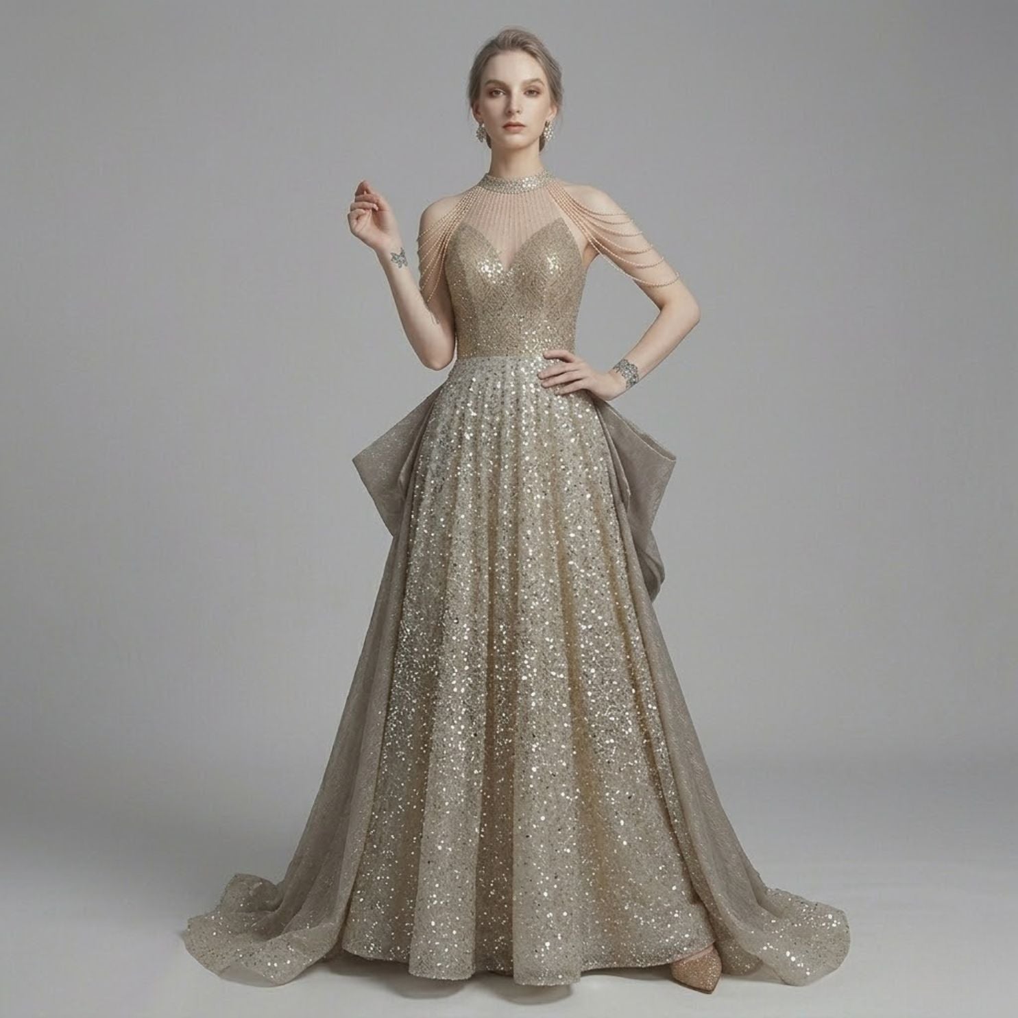 Halter Neck Beaded & Sequin Evening Dress