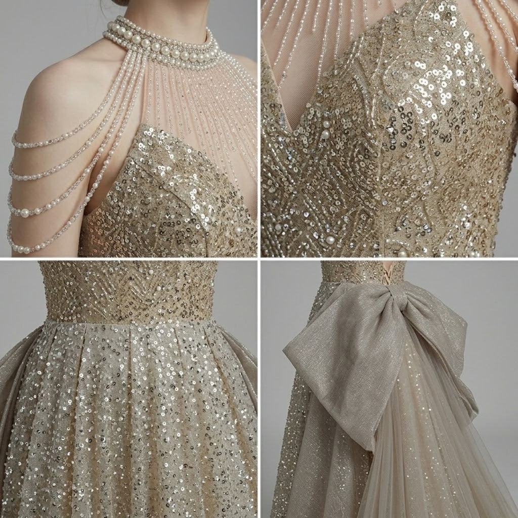 Halter Neck Beaded & Sequin Evening Dress