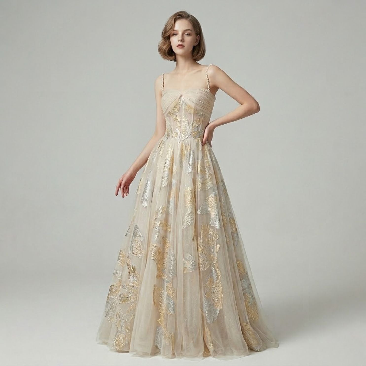Sequin & Beaded Spaghetti Strap Evening Dress