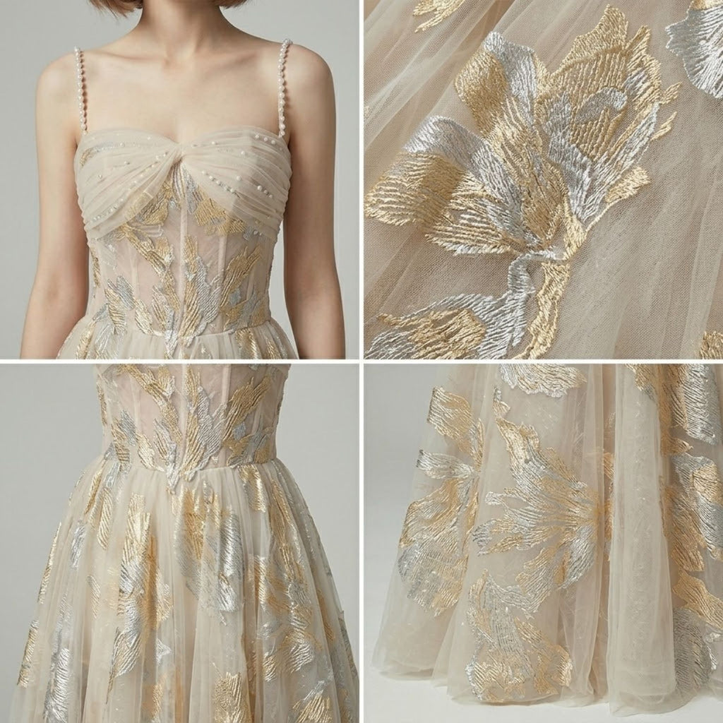 Sequin & Beaded Spaghetti Strap Evening Dress