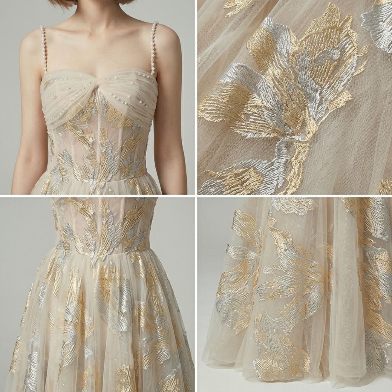 Sequin & Beaded Spaghetti Strap Evening Dress