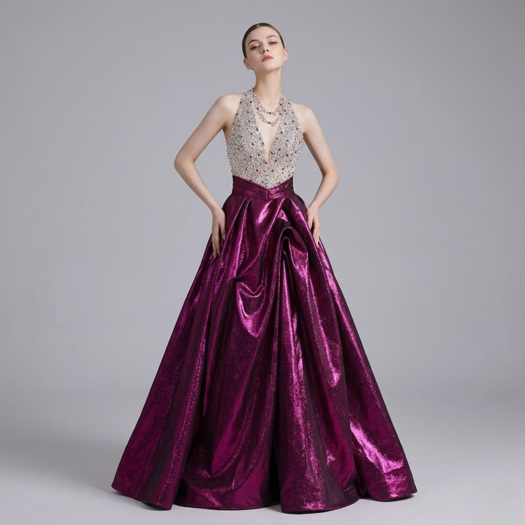 Heavyweight Beaded Halter Neck Party Dress