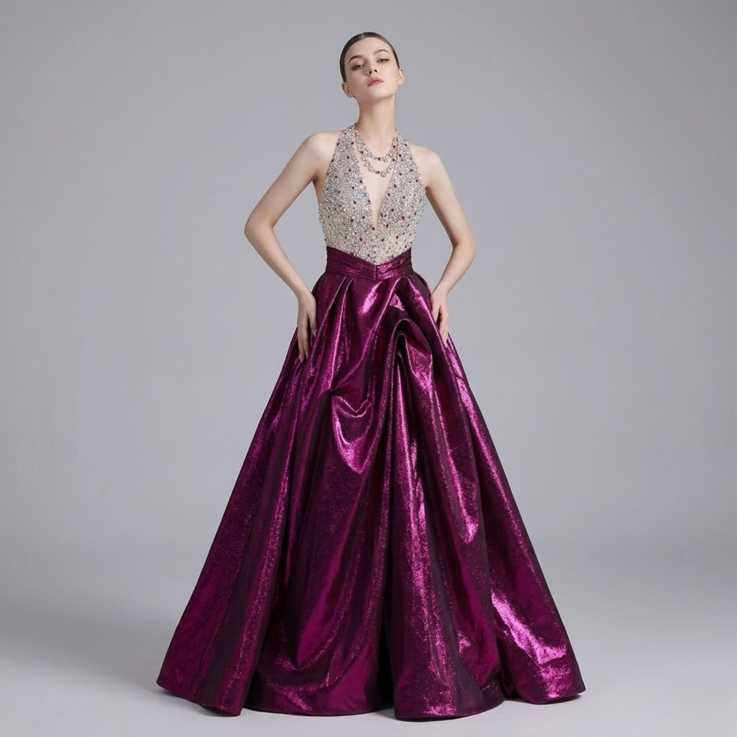 Heavyweight Beaded Halter Neck Party Dress