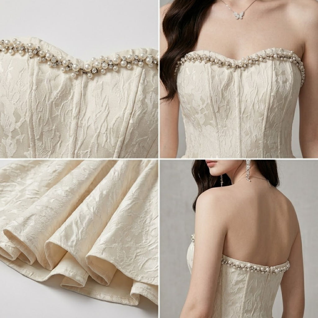 Heavily Embellished Strapless Jacquard Short Dress