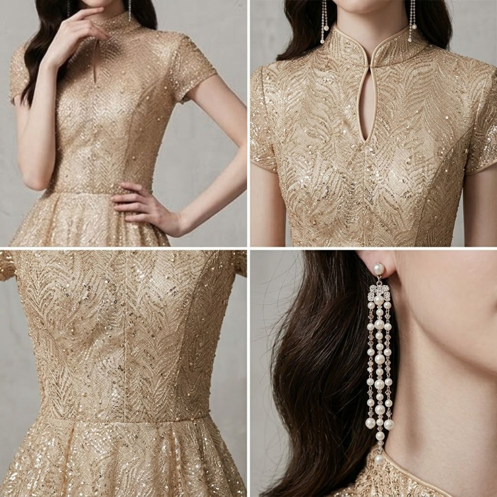 Scalloped Hem Embroidered High-Neck Evening Dress