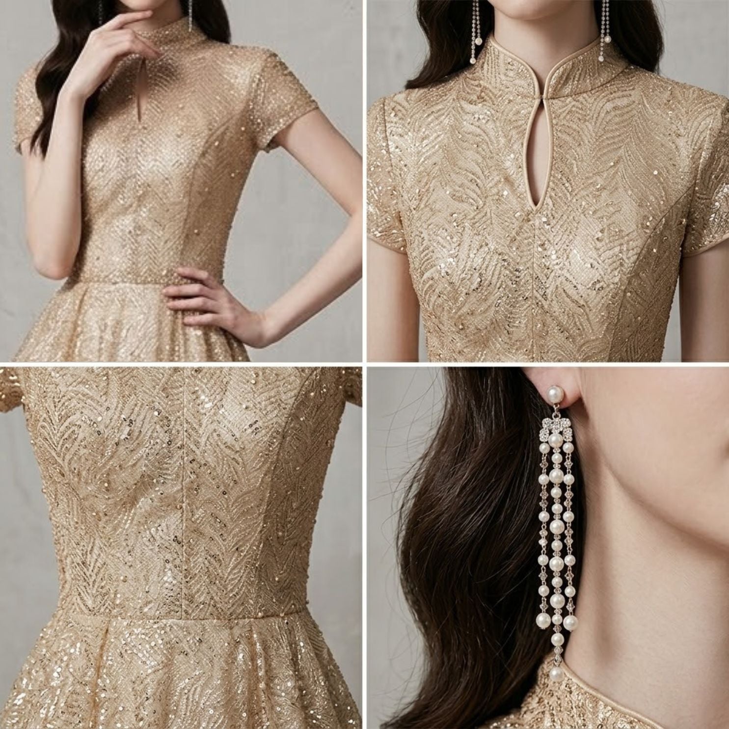 Scalloped Hem Embroidered High-Neck Evening Dress