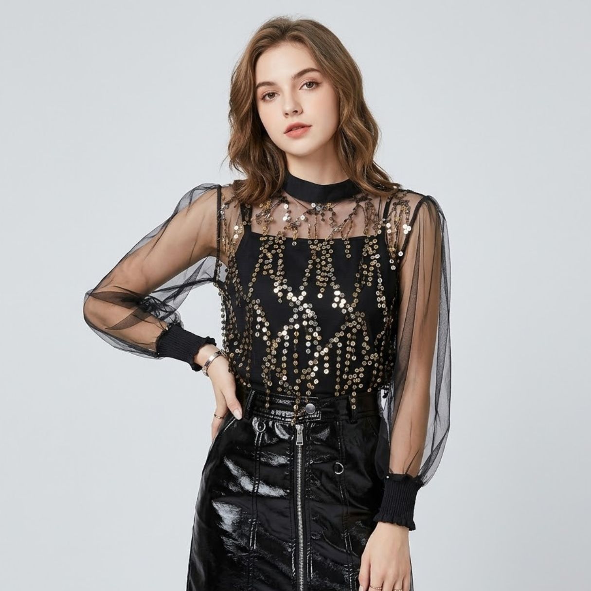 Sequin Tassel Mesh Top & Camisole Set