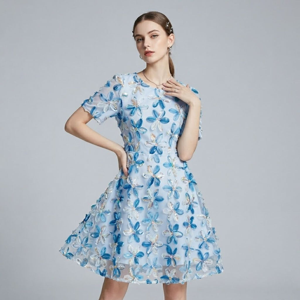 3D Sequin Floral Appliqué Dress